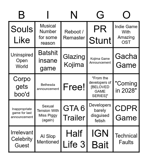 Summer's Game Fest 2026 Bingo Card