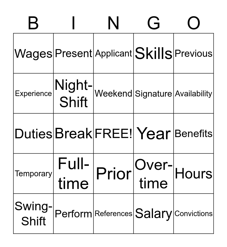 JOB APPLICATION VOCABULARY Bingo Card