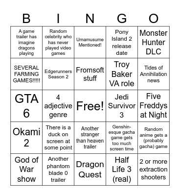 Summer Games Fest 2026 Bingo Card