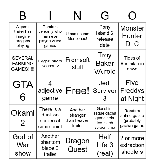 Summer Games Fest 2026 Bingo Card