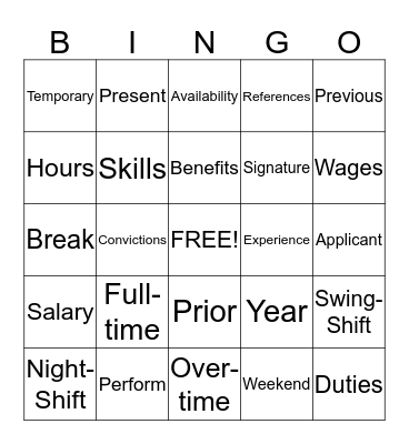 JOB APPLICATION VOCABULARY Bingo Card