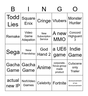 Gamer Game Fest Bingo Card