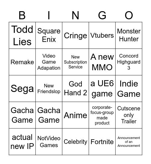 Gamer Game Fest Bingo Card