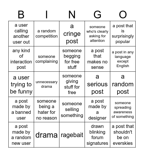 everskies post bingo sheet Bingo Card