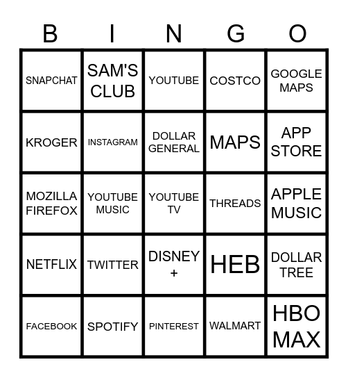 CELLPHONE APPS Bingo Card