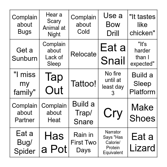 Naked and Afraid Bingo Card