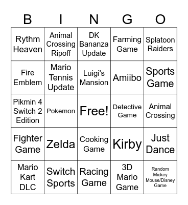Nintendo Direct Bingo Card