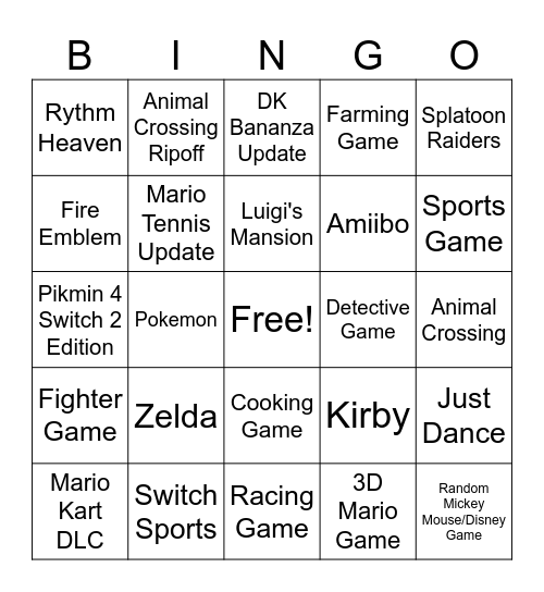 Nintendo Direct Bingo Card