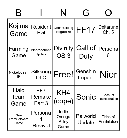 Chrohny Bingo/Wishlist Bingo Card