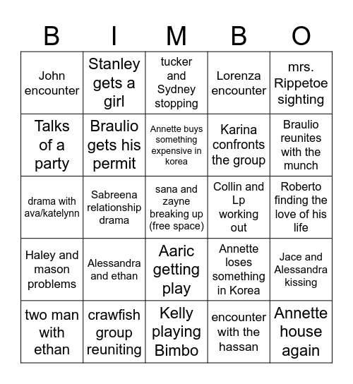 Bimbo board Bingo Card