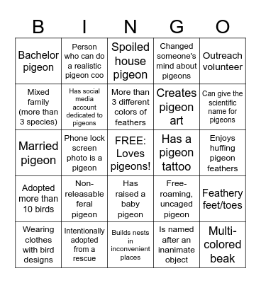 Pigeon (and Dove) Bingo Card