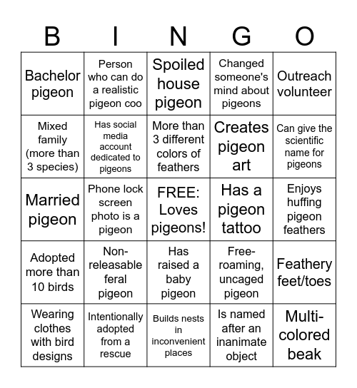 Pigeon (and Dove) Bingo Card