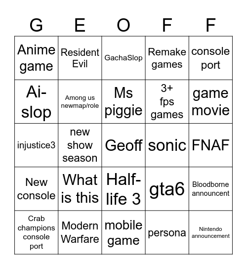 Summer games fest Bingo Card