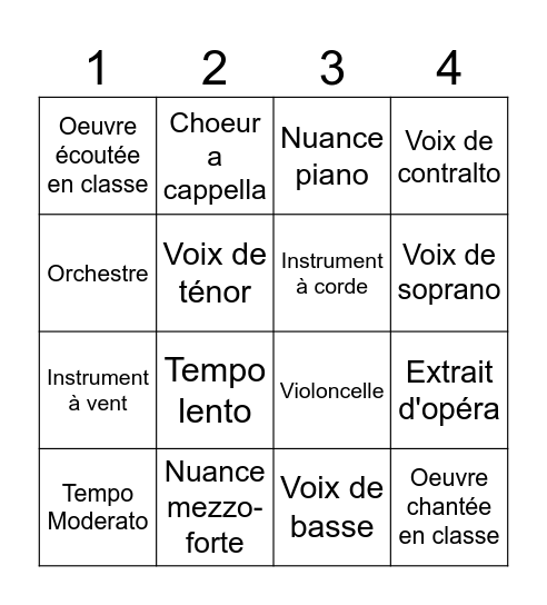 Education musicale - 6e Bingo Card