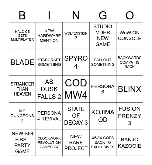 Xbox Games Showcase Prediction Bingo Card
