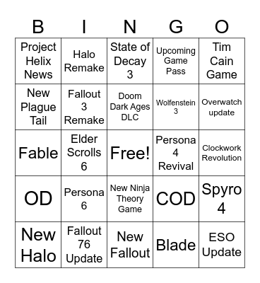 XBOX Bingo Card