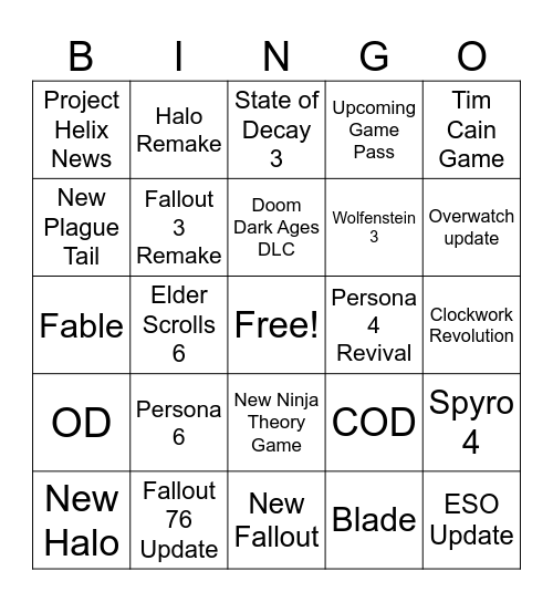XBOX Bingo Card