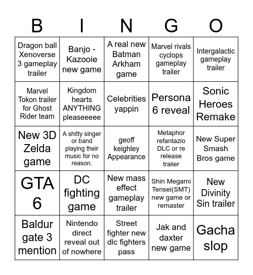 Fake E3 2026 Bingo Card