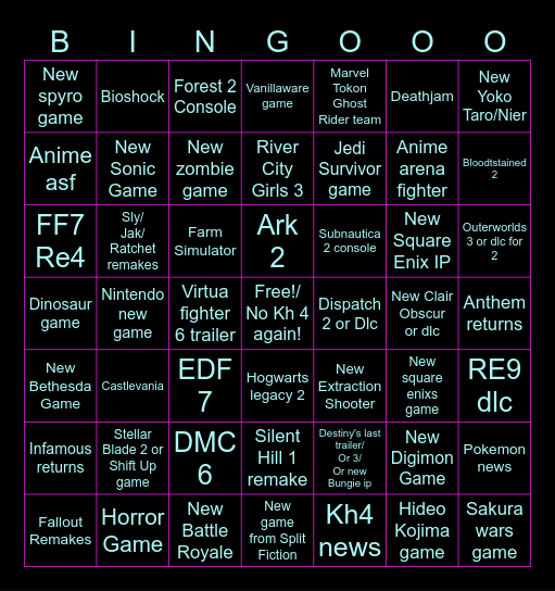 Summer Game Fest Bingo Card