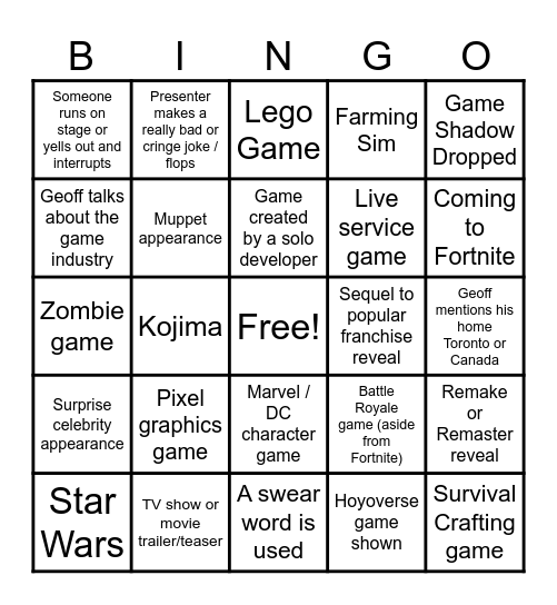 Summer Games Fest Bingo Card