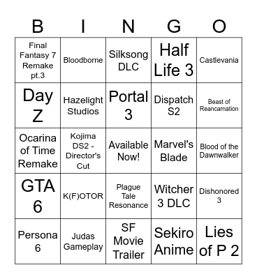 Summer Game Fest Bingo Card