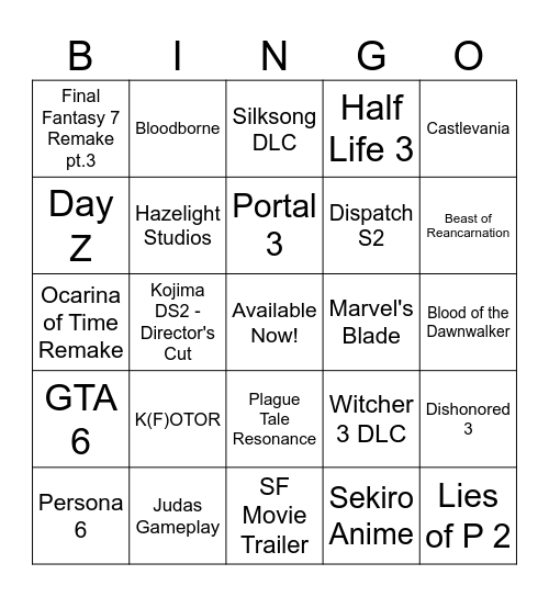 Summer Game Fest Bingo Card