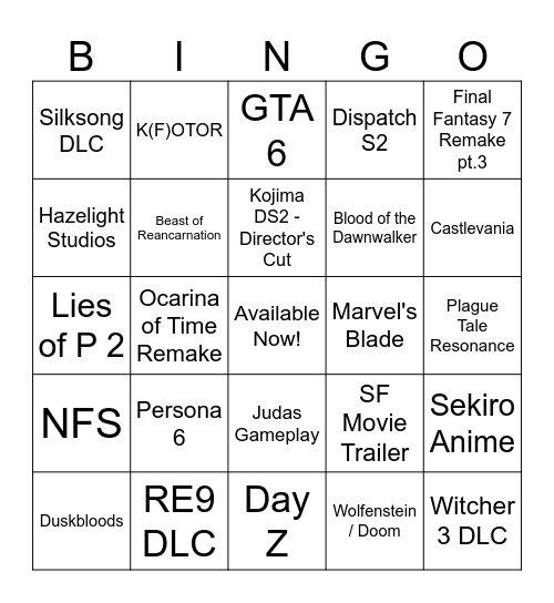 Summer Game Fest Bingo Card