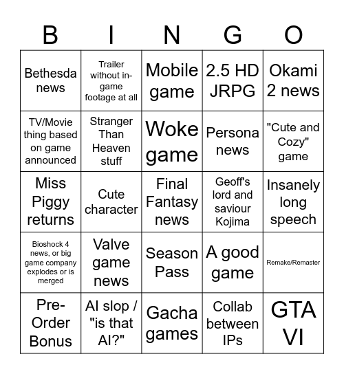 Game Awards bingo card Bingo Card