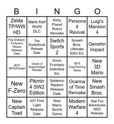 Nintendo Direct Bingo Card