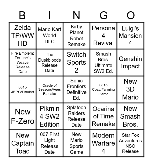 Nintendo Direct Bingo Card