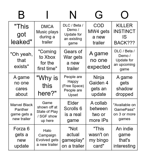 Xbox Showcase - June 2026 Bingo Card
