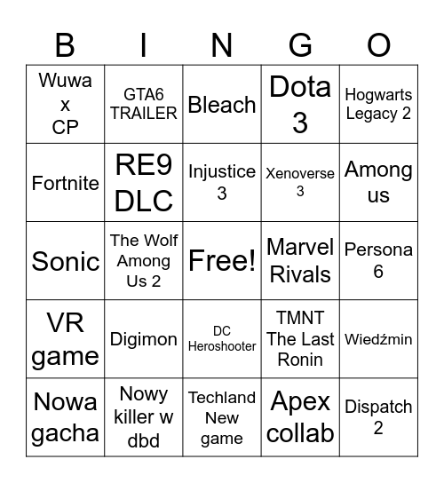 Summer game fest Bingo Card