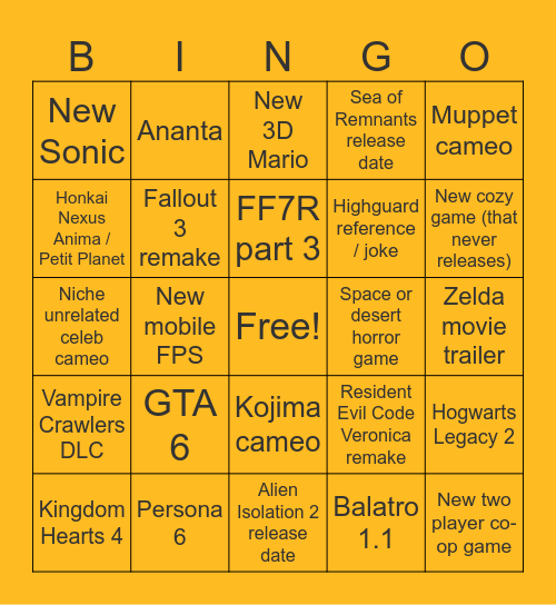 SUMMER GAME FEST 2026 Bingo Card