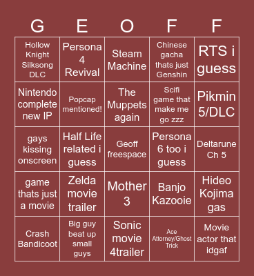 SummerGame Fes Bingo Card