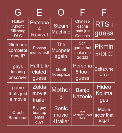SummerGame Fes Bingo Card