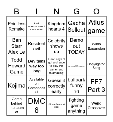 Summer Game FEST Bingo Card