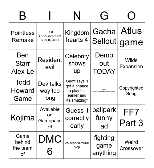 Summer Game FEST Bingo Card