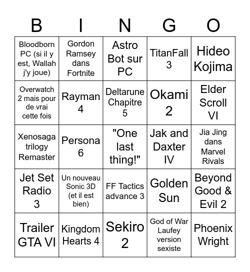 Copium Game Fest Bingo Card