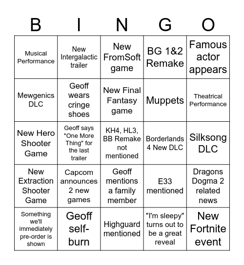 Summer Game Fest Bingo Card