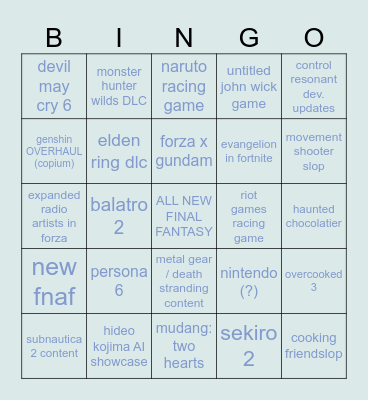 summer game fest bingo! Bingo Card