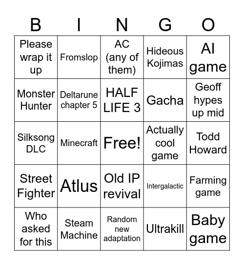 Summer Games Fest Bingo Card