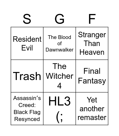 Summer Game Fest Bingo Card