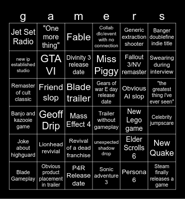 Gamer Announcements Bingo Card