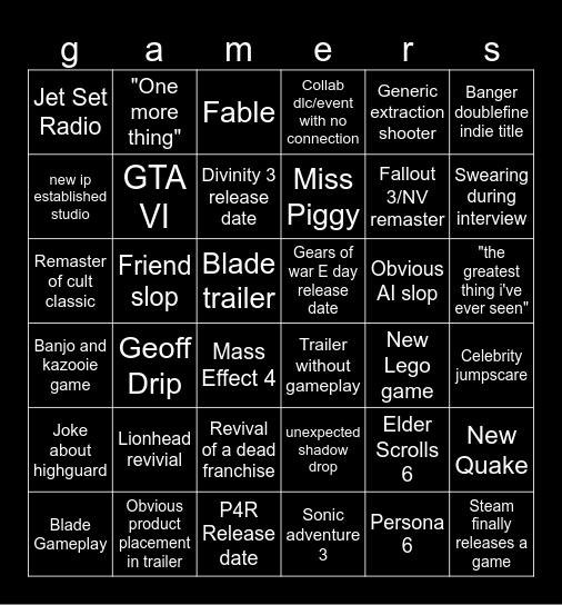 Gamer Announcements Bingo Card
