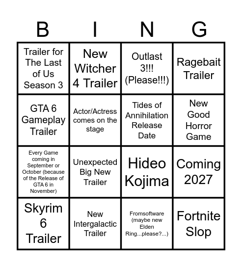 Summer Game Fest 2026 Bingo Card
