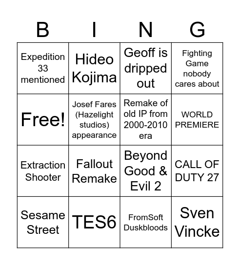 Summer Games Fest 2026 Bingo Card