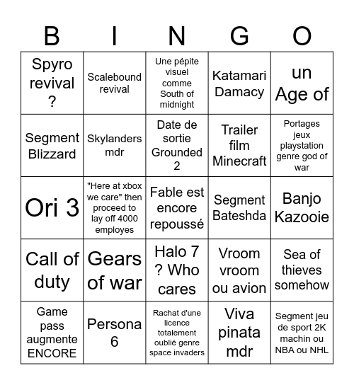 XBOX Game Showcase Bingo Card
