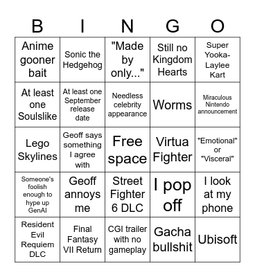 Summer Game Fest Bingo Card