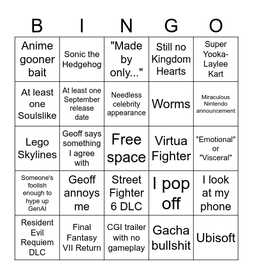 Summer Game Fest Bingo Card