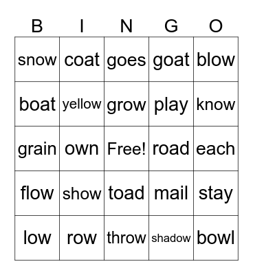 spelling words Bingo Card